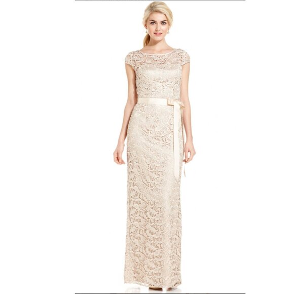 Adrianna Papell Cap-Sleeve Illusion Lace Gown, Size 10 - Picture 1 of 12